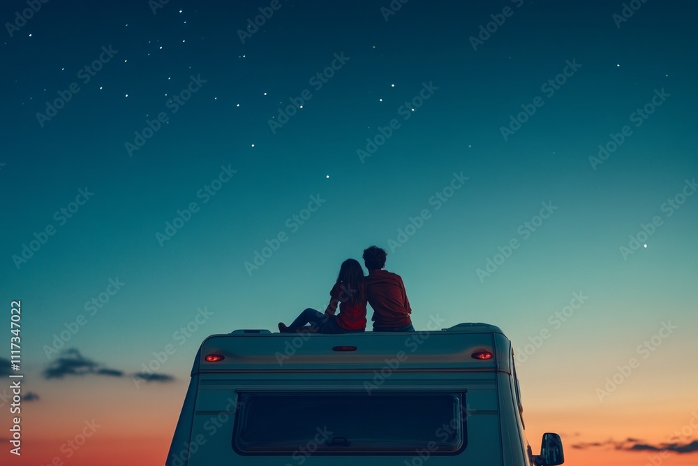 Fototapeta premium A couple enjoys the serene beauty of a starlit sky from the roof of their camper. Perfect for capturing moments of love and adventure. Generative AI
