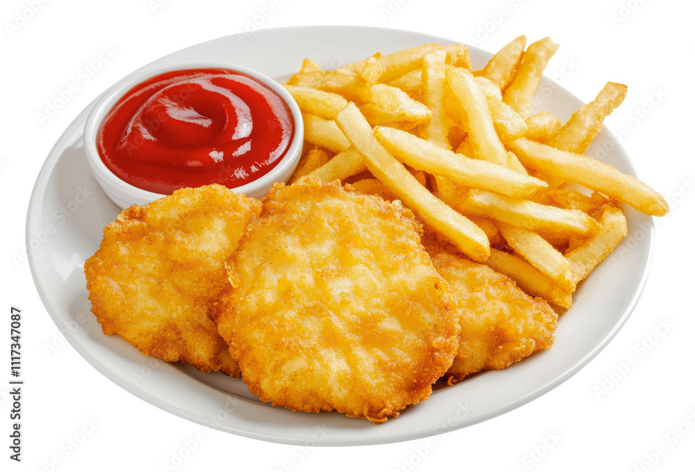 Crispy nuggets, golden fries, ketchup, cut out - stock png. Crispy nuggets, golden fries, ketchup, cut out - stock png.