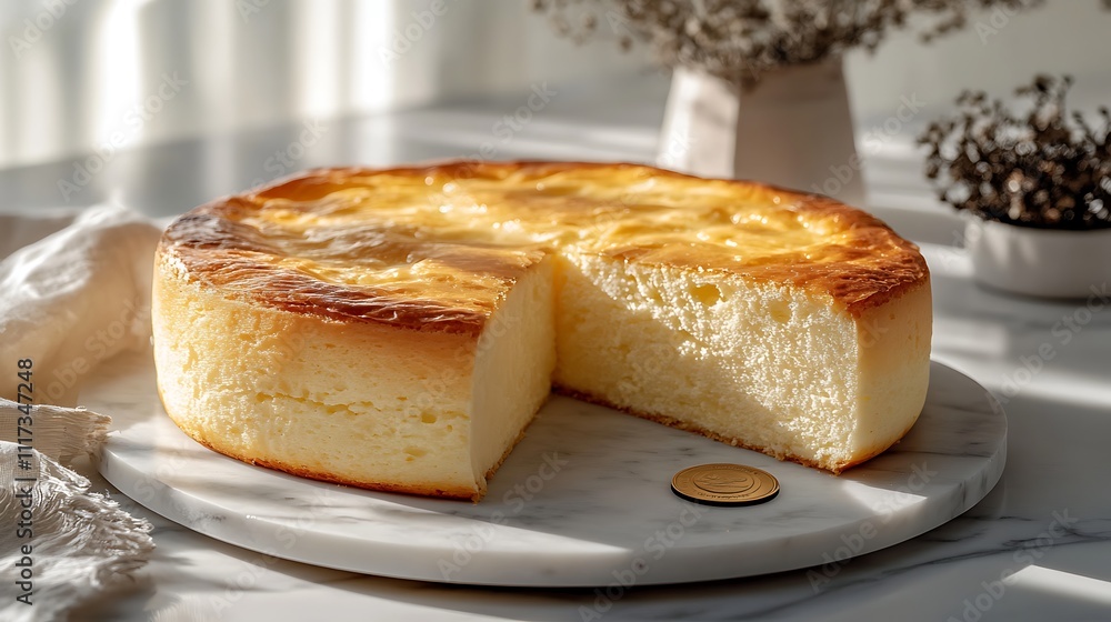 A minimalist presentation of a whole vasilopita cake on a marble plate, its golden crust shining under soft natural light, a slice cut out to show the coin, A minimalist presentation of a whole vasilopita cake on a marble plate, its golden crust shining under soft natural light, a slice cut out to show the coin,