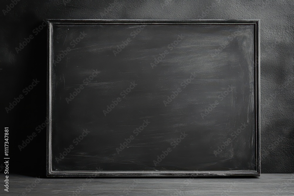A blank black chalkboard framed against a dark background, ready for writing or drawing. A blank black chalkboard framed against a dark background, ready for writing or drawing.
