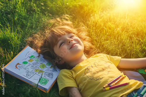 Child enjoys sunny day on grass while drawing and relaxing in the warm sunlight in a park photo