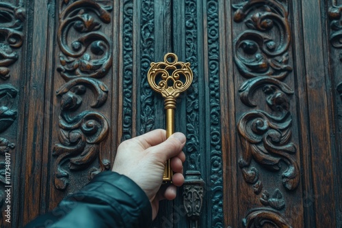 Unlocking possibilities a hand holding a golden key before an ornate ancient door capturing the essence of history and mystery in an architectural environment photo