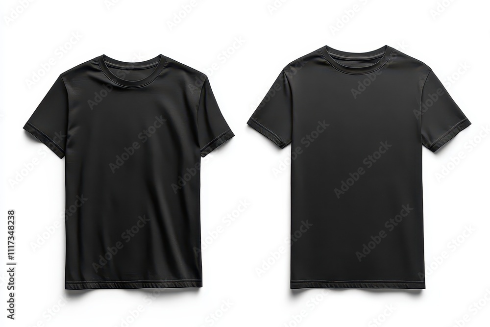 Two black t-shirts displayed side by side, showcasing different styles. Two black t-shirts displayed side by side, showcasing different styles.