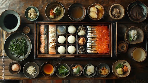 A rustic Japanese table featuring a traditional osechi ryori lacquered box, with perfectly placed mochi, bright fish roe, and grilled fish slices, photo