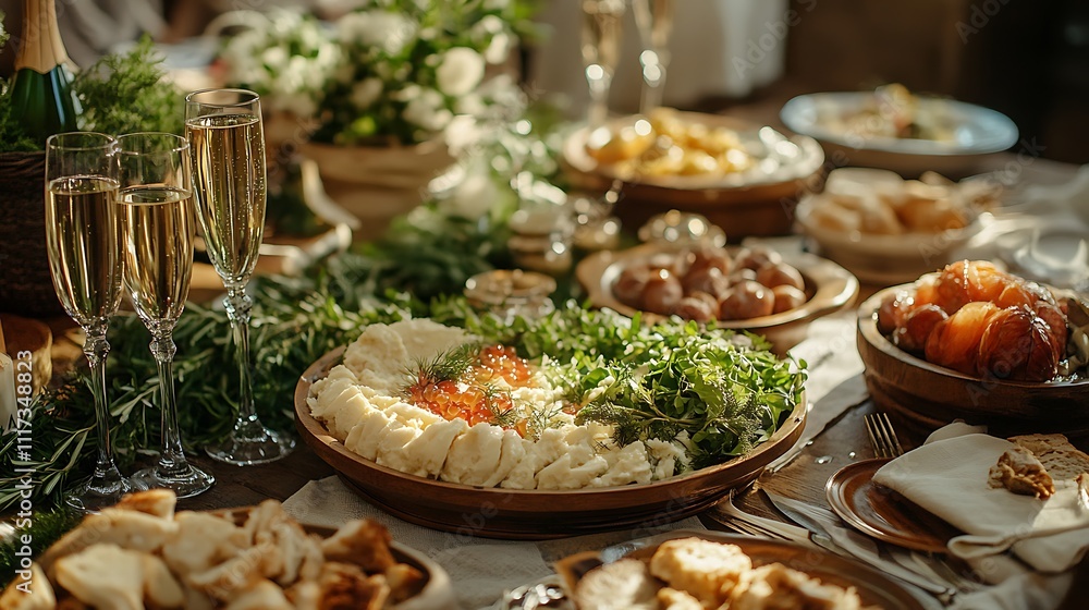 A rustic Russian feast featuring Olivier salad and pickled herring served on traditional wooden dishes, champagne glasses sparkling in soft light, A rustic Russian feast featuring Olivier salad and pickled herring served on traditional wooden dishes, champagne glasses sparkling in soft light,