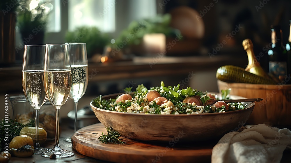 A rustic Russian kitchen scene with Olivier salad freshly prepared in a large bowl, pickled herring served on a wooden platter, champagne glasses filled with bubbles, A rustic Russian kitchen scene with Olivier salad freshly prepared in a large bowl, pickled herring served on a wooden platter, champagne glasses filled with bubbles,