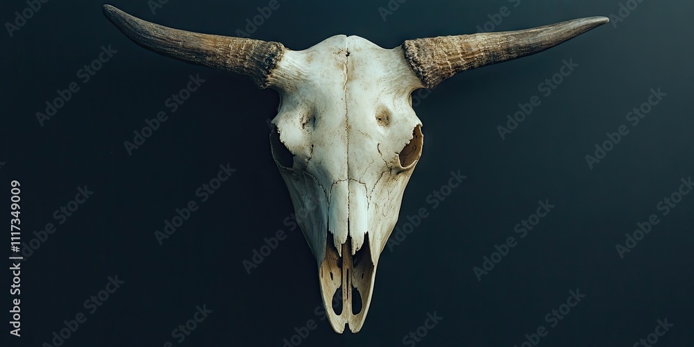 A classic black wall serves as a backdrop for an animal skull, making it an appealing piece of home decor that can be fully appreciated in its entirety.