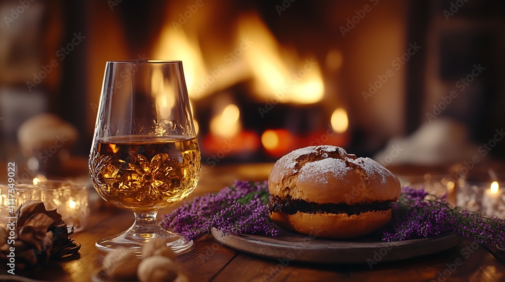 A rustic Scottish Hogmanay scene with black bun and whisky as the focus, the table adorned with sprigs of heather, traditional Scottish decor, and a roaring fireplace in the background, A rustic Scottish Hogmanay scene with black bun and whisky as the focus, the table adorned with sprigs of heather, traditional Scottish decor, and a roaring fireplace in the background,