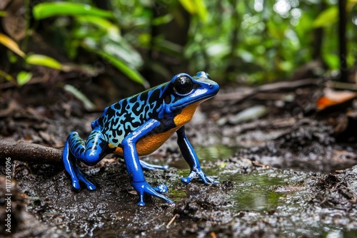 A vibrant blue frog with intricate patterns perched near a wet forest floor.