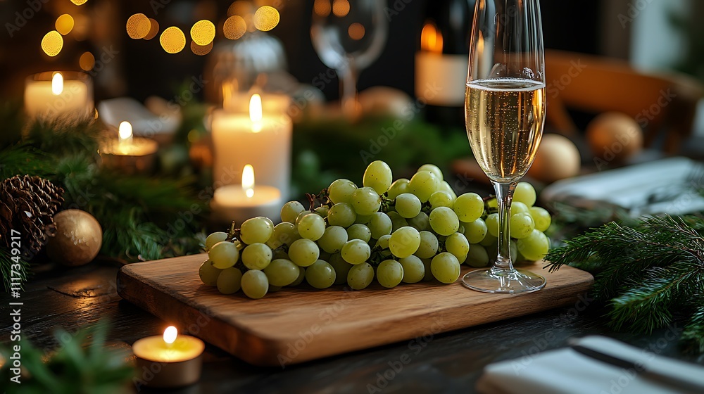 A rustic Spanish New Year table featuring a simple arrangement of 12 grapes on a wooden board, a flute of cava beside it, surrounded by festive greenery and candles, A rustic Spanish New Year table featuring a simple arrangement of 12 grapes on a wooden board, a flute of cava beside it, surrounded by festive greenery and candles,