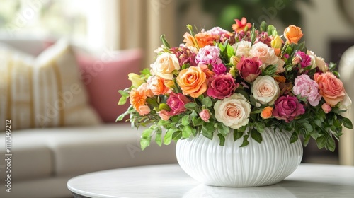 Decorative living room coffee table adorned with an array of vibrant fresh flowers in a white vase, highlighting elegant interior design details and offering ample copy space.