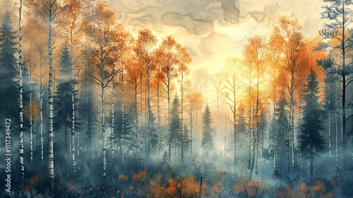 A painting of a forest with tall trees. Ideal for nature enthusiasts, Ai Generative.