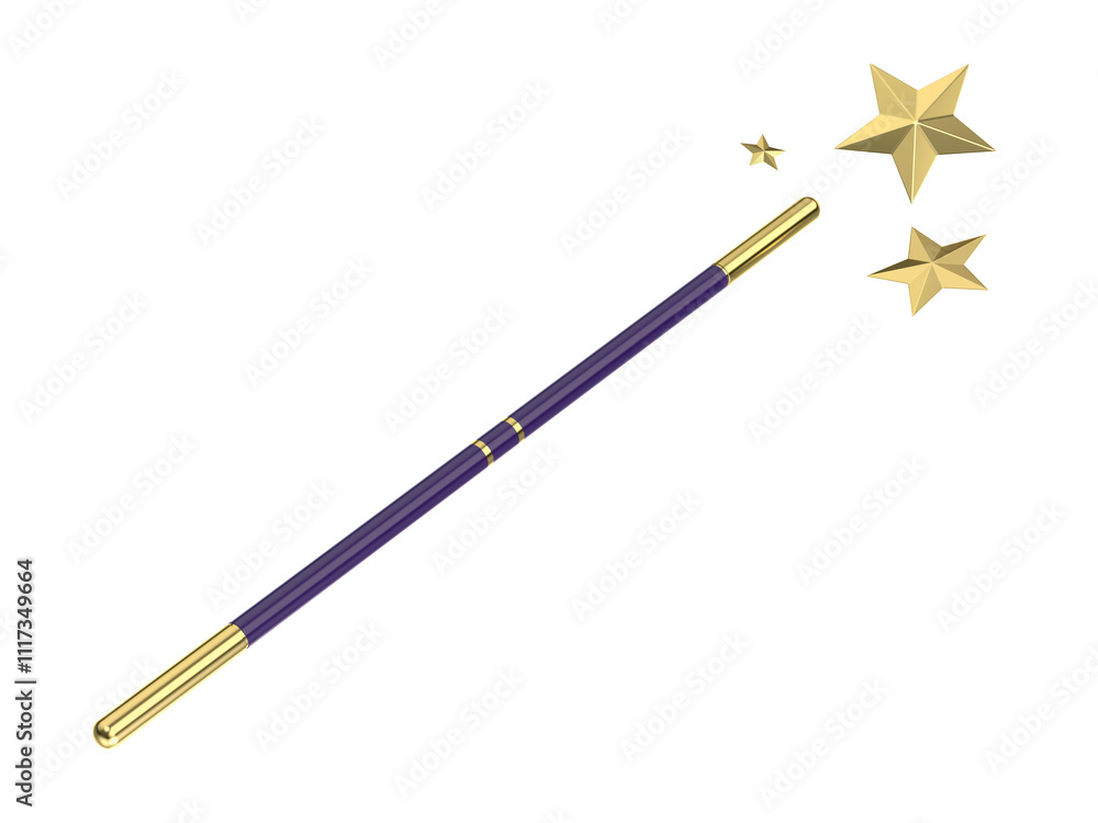 Fototapeta premium Purple magic wand with three golden stars on transparent background