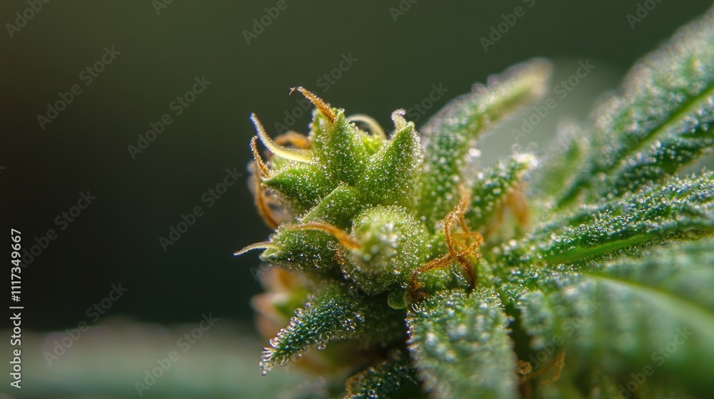 Close-up image highlighting healthy green cannabis bud leaves, emphasizing their vibrant colors and intricate textures. The composition allows for ample copy space.