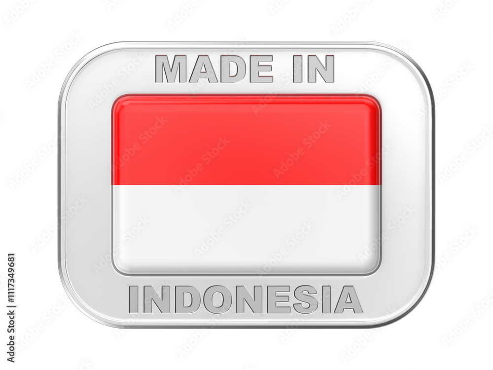 Made in Indonesia, silver badge with the national flag of Indonesia Made in Indonesia, silver badge with the national flag of Indonesia