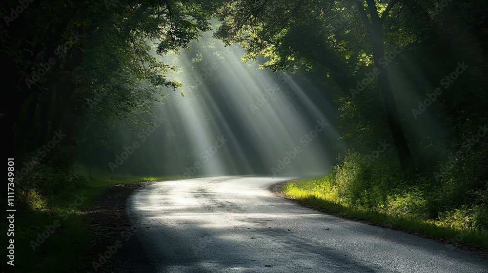 Illuminated by light rays, this empty road creates a serene atmosphere, perfect for conveying tranquility. The empty road provides ample space for creative use in various designs. Illuminated by light rays, this empty road creates a serene atmosphere, perfect for conveying tranquility. The empty road provides ample space for creative use in various designs.