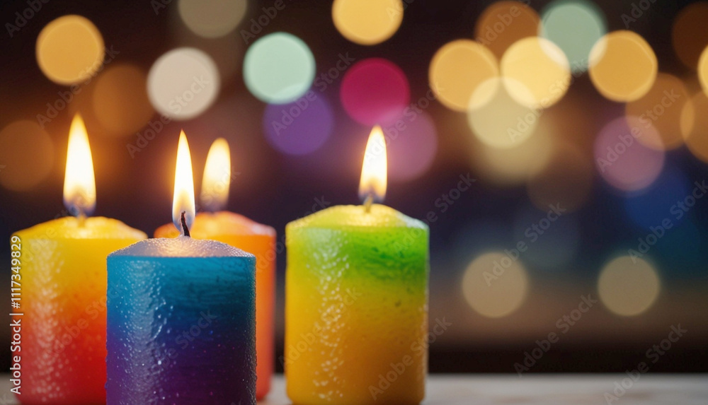Colorful burning candles with bokeh lights blur background, copy space, celebration festive. Generative Ai Colorful burning candles with bokeh lights blur background, copy space, celebration festive. Generative Ai