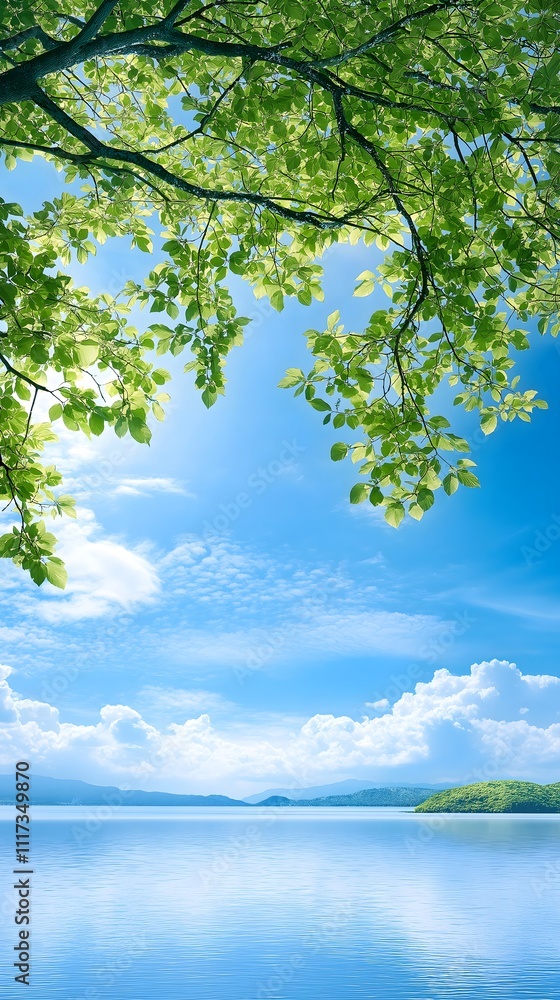 Scenic View of Lush Green Leaves, Blue Sky, and Serene Lake with Mountains in the Background Scenic View of Lush Green Leaves, Blue Sky, and Serene Lake with Mountains in the Background