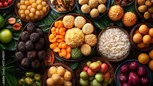 A top-down view of a Filipino New Year spread, with sticky rice cakes like sapin-sapin and kalamay arranged alongside an array of colorful round fruits,