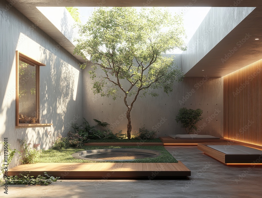 Fototapeta premium Tranquil Modern Zen Garden with Minimalist Design, Featuring Lush Greenery, Natural Light, and Serene Atmosphere for Relaxation and Meditation