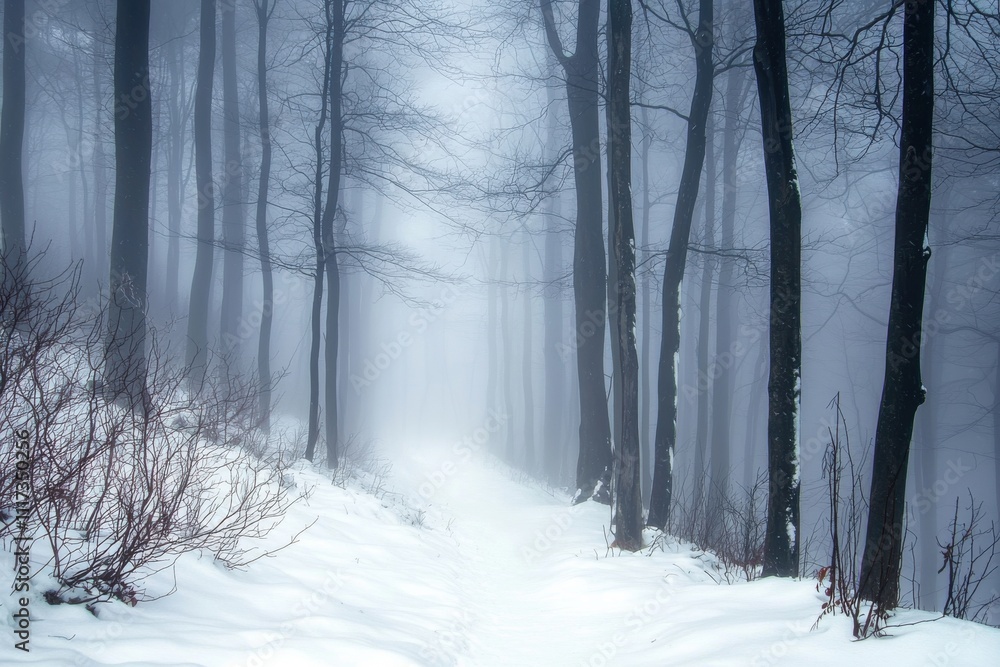 Fototapeta premium A misty forest path blanketed in snow, creating a serene and tranquil winter atmosphere.