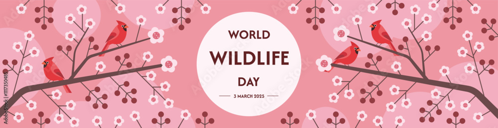 World Wildlife Day banner design with cardinal birds, flowers, and buds. Vector Illustration. World Wildlife Day banner design with cardinal birds, flowers, and buds. Vector Illustration.
