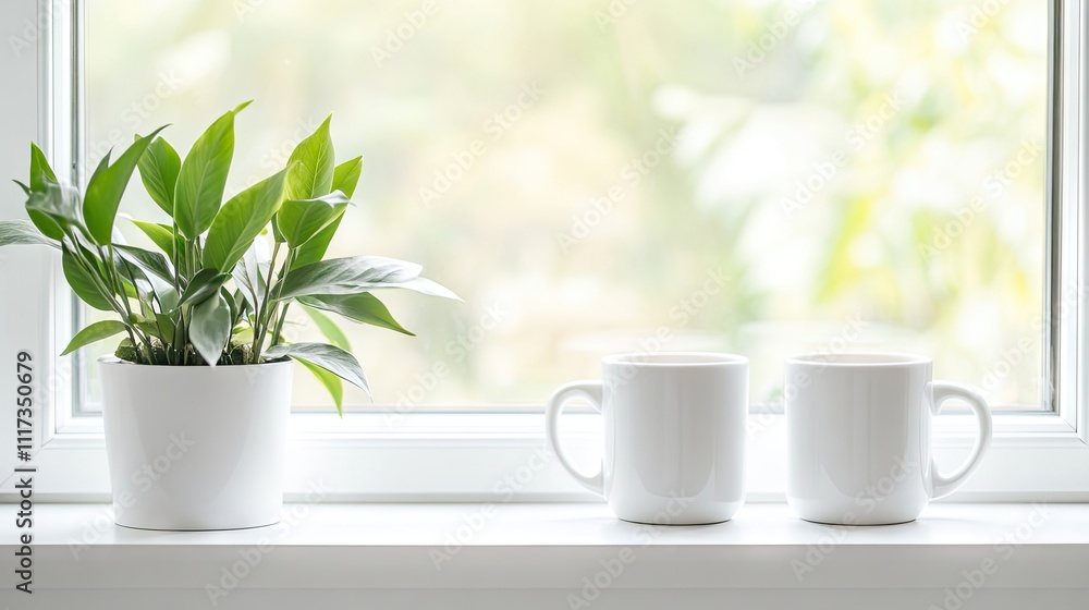 Coffee in two white mugs accompanied by a potted plant on a bright white windowsill, creating a serene and inviting atmosphere with ample copy space for your creative needs. Coffee in two white mugs accompanied by a potted plant on a bright white windowsill, creating a serene and inviting atmosphere with ample copy space for your creative needs.