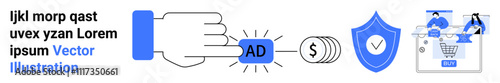 Hand clicking AD button representing advertisement, with dollar sign indicating payment, a security shield, and an online shopping cart. Ideal for digital marketing, online security, e-commerce