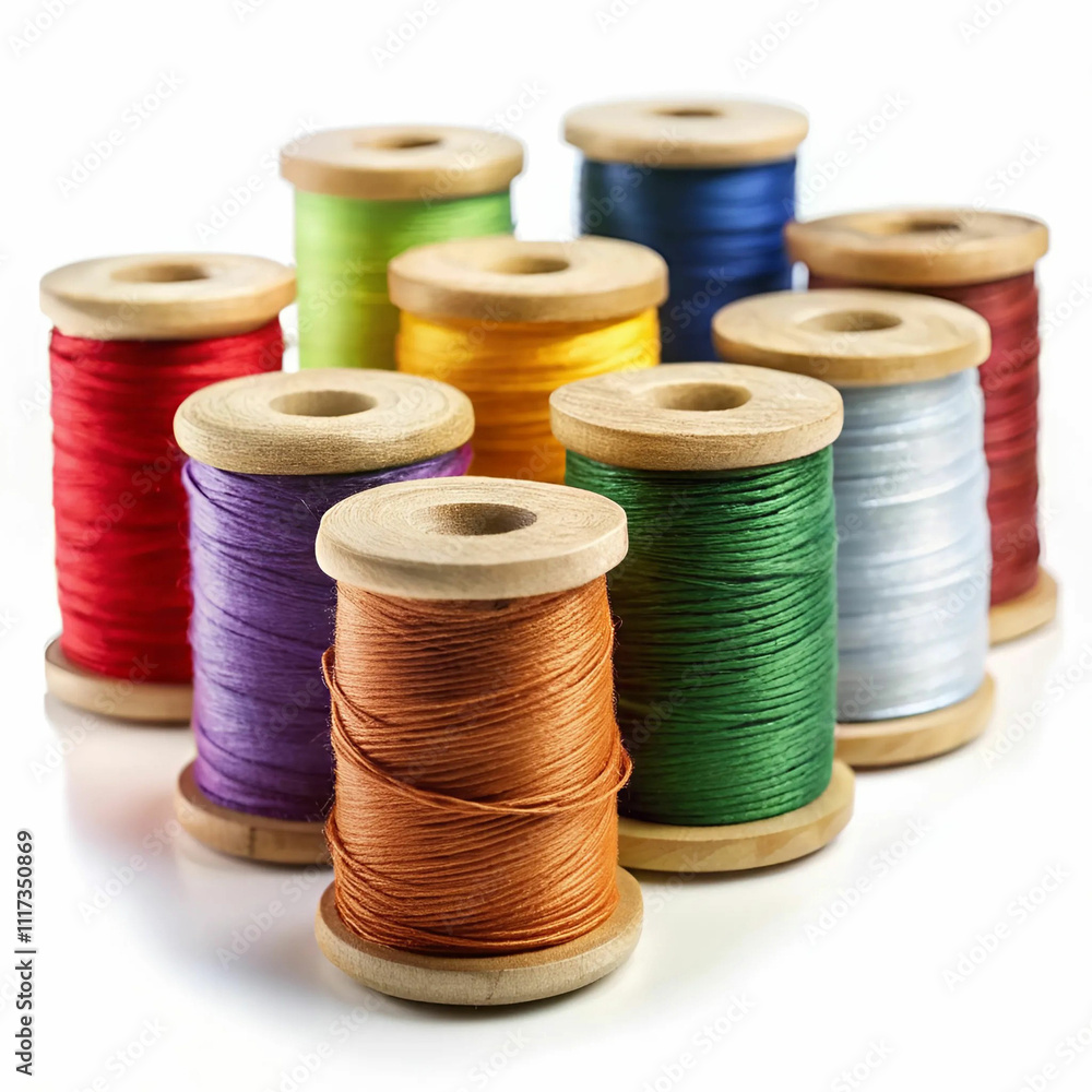 A collection of thread cones in vibrant colors, neatly arranged, A collection of thread cones in vibrant colors, neatly arranged,