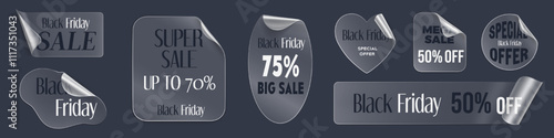3d transparent sticker vector. Black Friday sale adhesive label. Realistic circle tag mockup with discount offer. Peel corner on strip tape piece set for promotion. Sticky and glossy overlay patch
