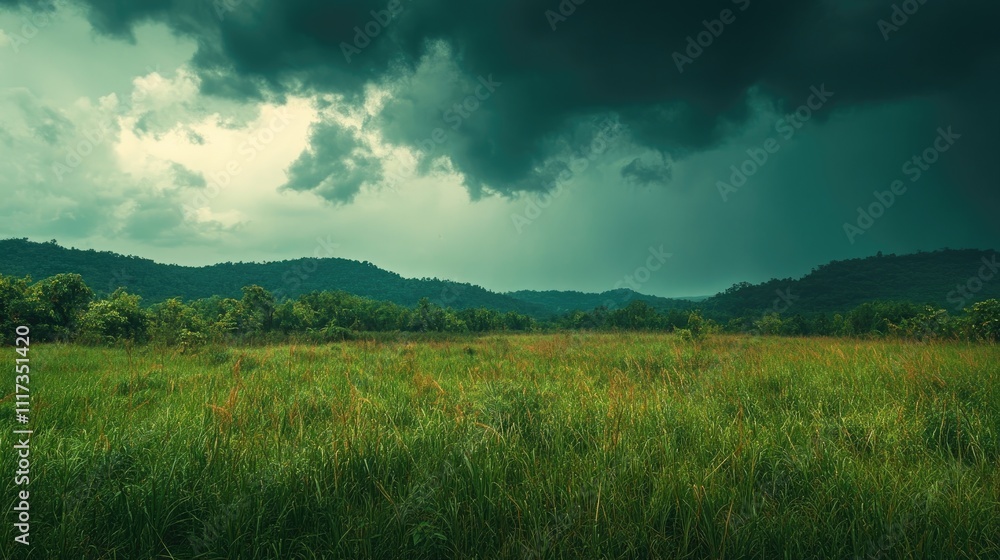Panoramic landscape capturing the essence of the wet and rainy season, offering an ultra wide view filled with lush greenery and vibrant, moody skies. Photo style includes ample copy space. Panoramic landscape capturing the essence of the wet and rainy season, offering an ultra wide view filled with lush greenery and vibrant, moody skies. Photo style includes ample copy space.