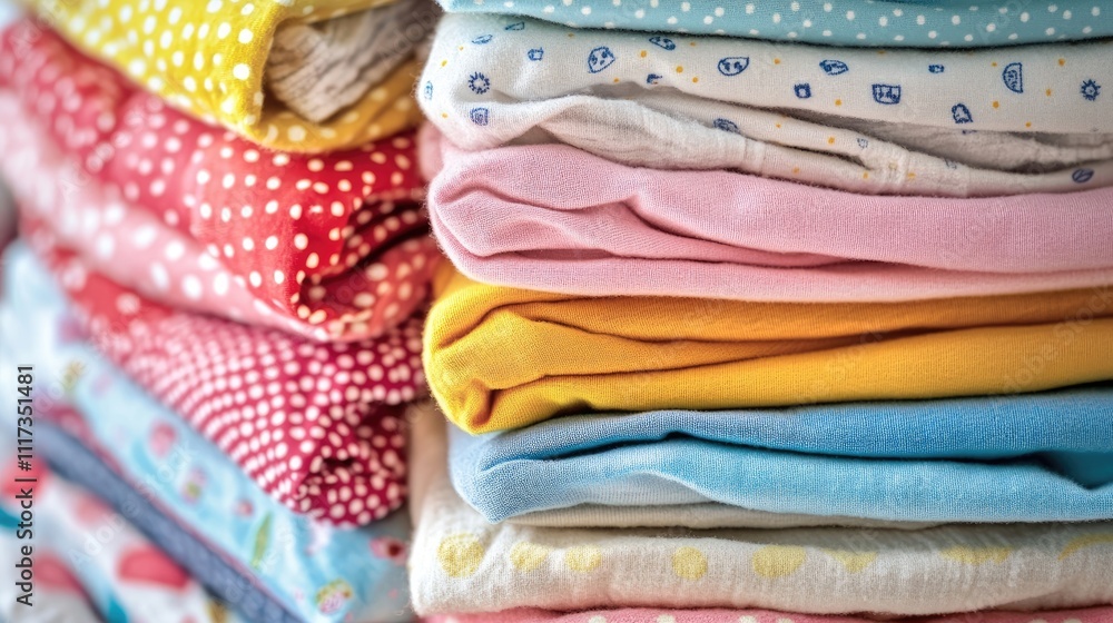 A stack of colorful folded baby clothes arranged neatly, creating a visually appealing display of various shades and textures, perfect for any baby-related project with ample copy space. A stack of colorful folded baby clothes arranged neatly, creating a visually appealing display of various shades and textures, perfect for any baby-related project with ample copy space.