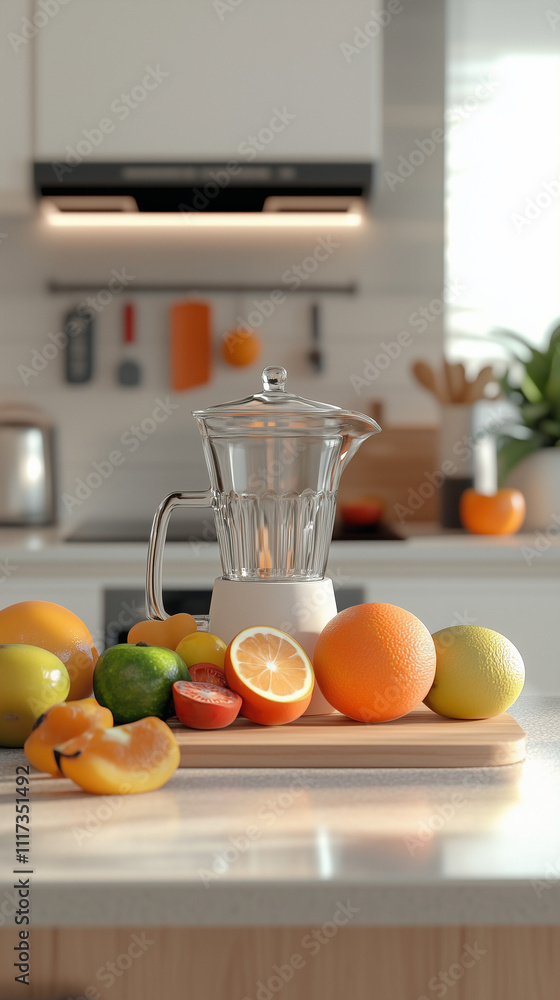 Glass blender surrounded by fruits on a modern kitchen counter Glass blender surrounded by fruits on a modern kitchen counter