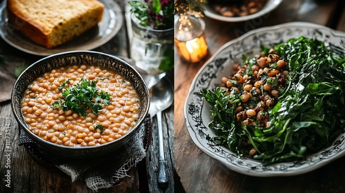 A traditional Southern New Year table featuring a bowl of black-eyed peas, a plate of golden cornbread, and a dish of tender collard greens, garnished with fresh herbs, rustic wooden table setting,