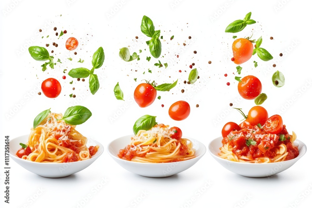 Plates of delicious pasta dishes each topped with a rich tomato sauce fresh cherry tomatoes Plates of delicious pasta dishes each topped with a rich tomato sauce fresh cherry tomatoes