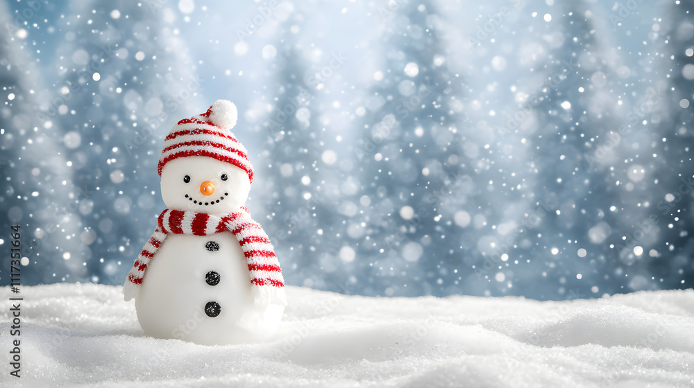 A snowman in the snowy landscape, wearing a red and white striped scarf with trees covered by heavy snow in the background. Happy Marry Christmas banner background A snowman in the snowy landscape, wearing a red and white striped scarf with trees covered by heavy snow in the background. Happy Marry Christmas banner background