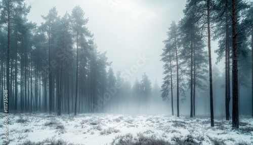 A misty forest landscape with tall trees and a snowy ground, evoking a serene atmosphere.