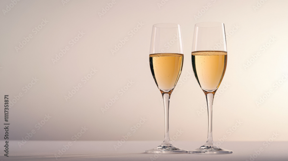 Two champagne glasses filled with sparkling wine against a soft, neutral background, conveying a sense of elegance and celebration. Two champagne glasses filled with sparkling wine against a soft, neutral background, conveying a sense of elegance and celebration.