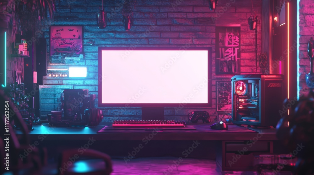 Modern Gaming Room Setup with Blank Computer Monitor Modern Gaming Room Setup with Blank Computer Monitor