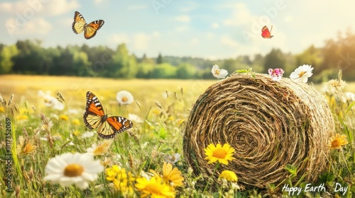 Fototapeta Naklejka Na Ścianę i Meble -  Hay bale in a meadow with butterflies and flowers on a sunny day.