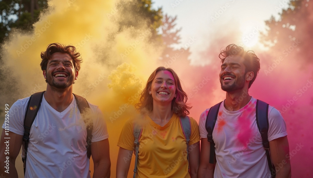 Joyful celebration of colors during Holi festival in a vibrant outdoor setting Joyful celebration of colors during Holi festival in a vibrant outdoor setting