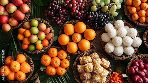 Fototapeta Naklejka Na Ścianę i Meble -  A vibrant Filipino New Year table adorned with an assortment of round fruits like oranges, grapes, and apples, paired with sticky rice cakes like biko and sapin-sapin,