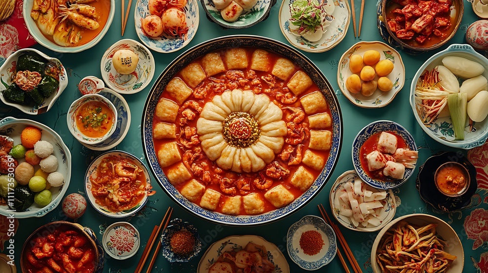 A vibrant Korean New Year table featuring a large bowl of tteokguk surrounded by neatly arranged banchan dishes in bright colors, decorative chopsticks and traditional patterns adding cultural charm, A vibrant Korean New Year table featuring a large bowl of tteokguk surrounded by neatly arranged banchan dishes in bright colors, decorative chopsticks and traditional patterns adding cultural charm,