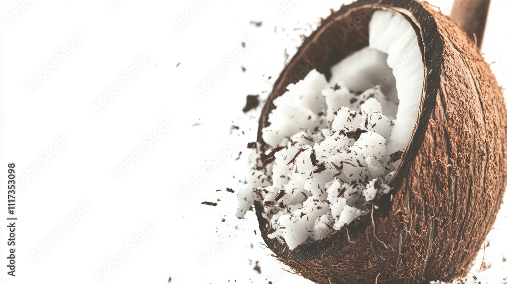 Fresh Coconut Half with Shredded White Flesh and Brown Shell Background Fresh Coconut Half with Shredded White Flesh and Brown Shell Background