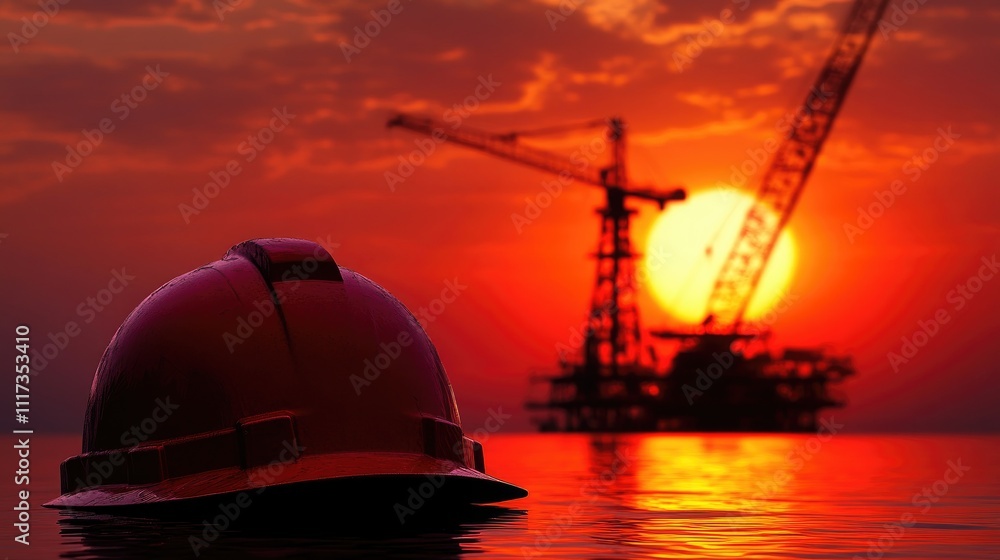 Obraz premium Beautiful image of an engineering helmet at sunset, civil construction
