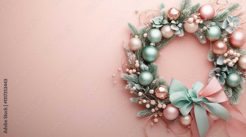 minimalistic Christmas wreath in soft pastel tones (mint green, baby pink, soft gold) with delicate ribbon and ornaments. minimalistic Christmas wreath in soft pastel tones (mint green, baby pink, soft gold) with delicate ribbon and ornaments.
