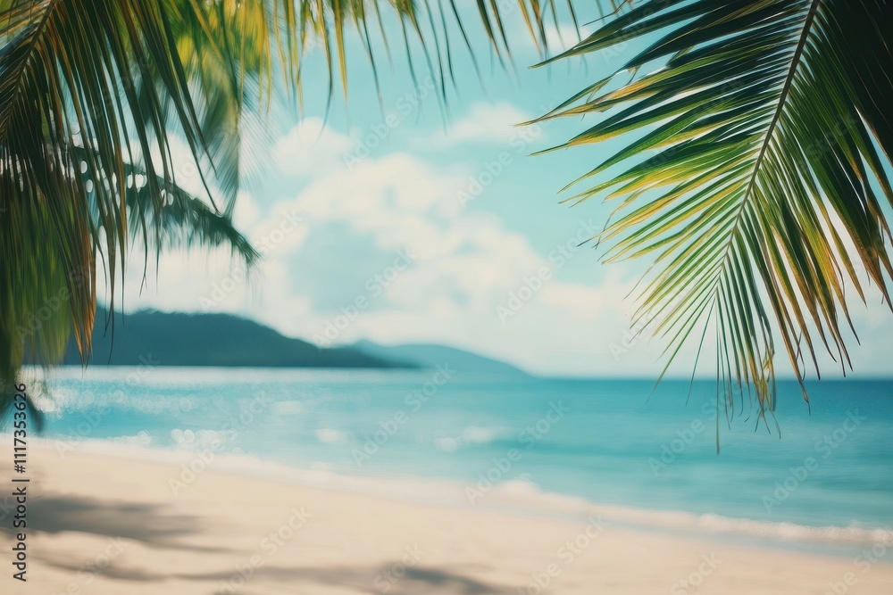 A serene beach scene with palm leaves framing a tranquil ocean view. A serene beach scene with palm leaves framing a tranquil ocean view.