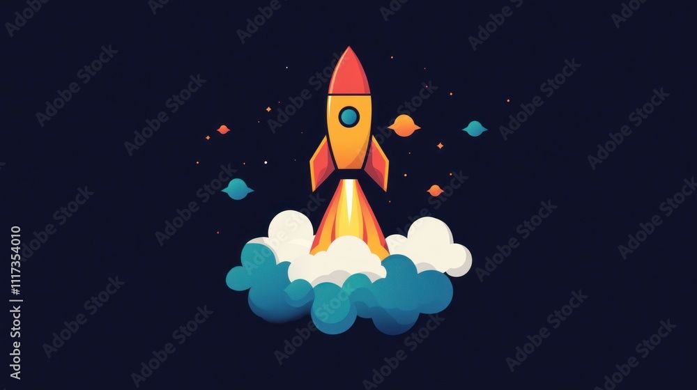 A colorful rocket launching into space with clouds and planets in the background. A colorful rocket launching into space with clouds and planets in the background.