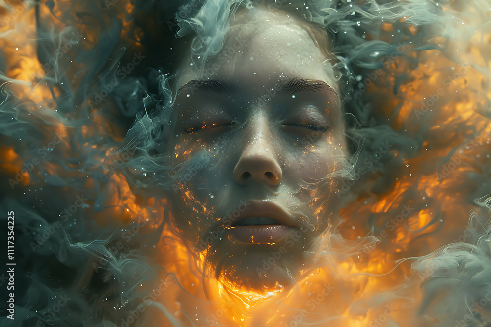 Ethereal figure surrounded by swirling smoke and flames in an abstract composition Ethereal figure surrounded by swirling smoke and flames in an abstract composition