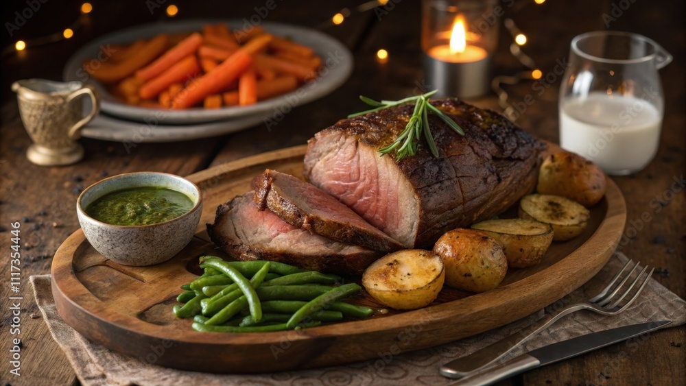 An intimate dinner setting that features a seasonal roast dinner. A nicely browned leg of lamb sits on a carved wooden platter surrounded by roasted new potatoes and a variety of An intimate dinner setting that features a seasonal roast dinner. A nicely browned leg of lamb sits on a carved wooden platter surrounded by roasted new potatoes and a variety of